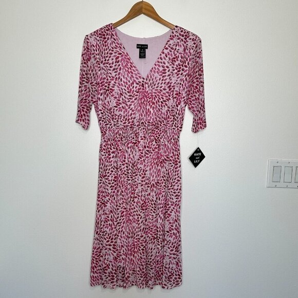 NWT Kate and Lily Mesh Dress Size 14 Pink Fit Flare V Neck Short Sleeve - Picture 1 of 11